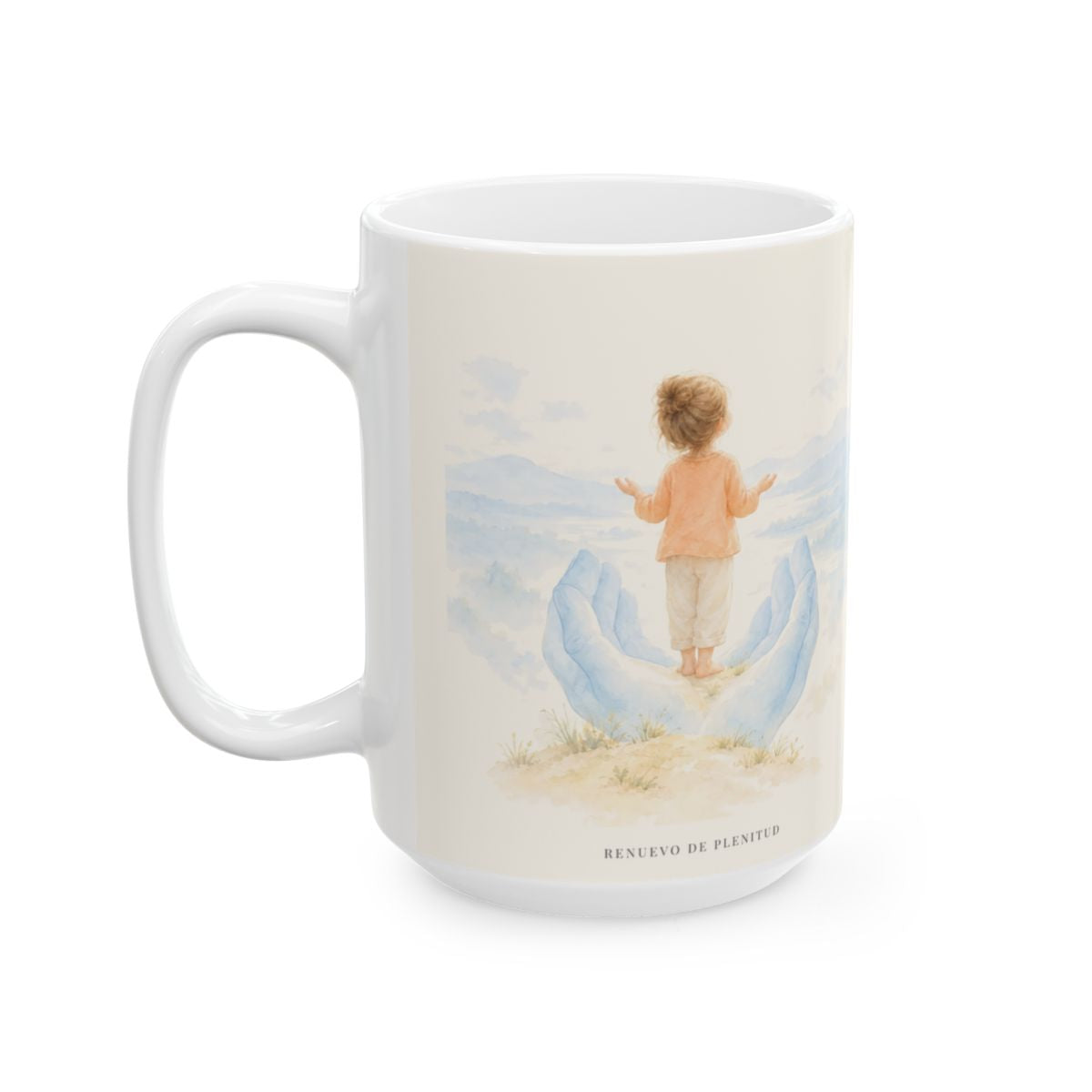 El poder de Dios se perfecciona en mi debilidad | Taza bíblica de cerámica | 2 Corintios 12:9 — 15 oz · Cara ilustrada