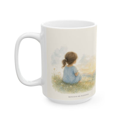 No os afanéis por el día de mañana | Taza con arte cristiano | Mateo 6:34 — 15 oz · Cara ilustrada