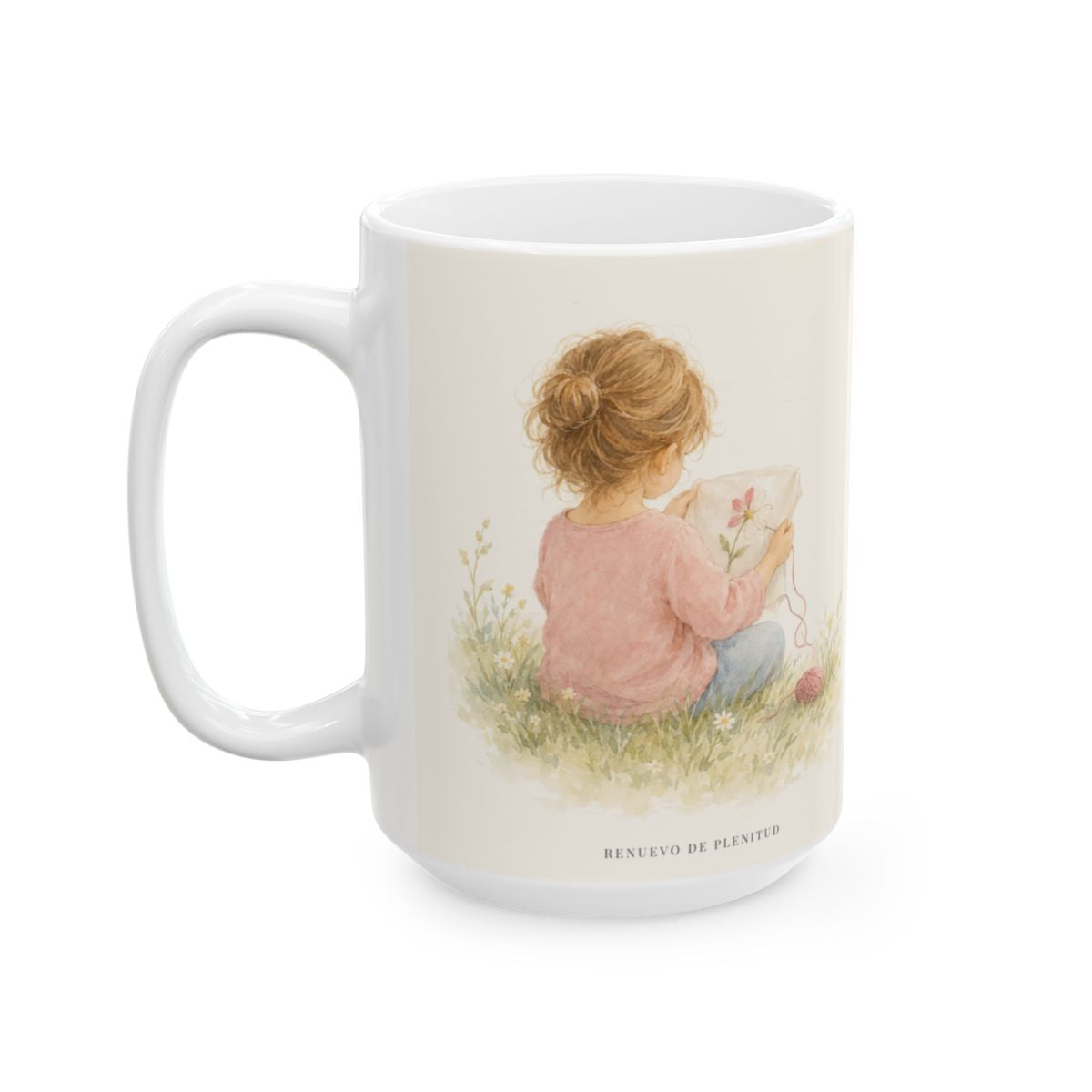 Dios lleva a buen fin la obra que empezó | Taza bíblica de cerámica | Filipenses 1:6 — 15 oz · Cara ilustrada