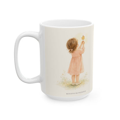 El Señor se alegra de mí | Taza bíblica de cerámica | Deuteronomio 7:6 — 15 oz · Cara ilustrada