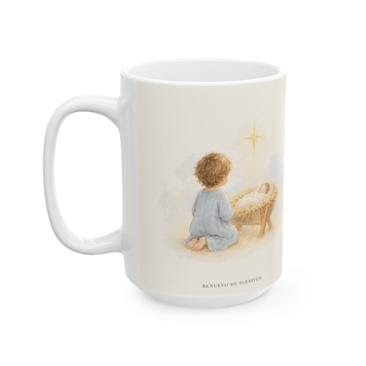 En Belén, Dios vino a darme paz | Taza bíblica de cerámica | Lucas 2:14 — 15 oz · Cara ilustrada