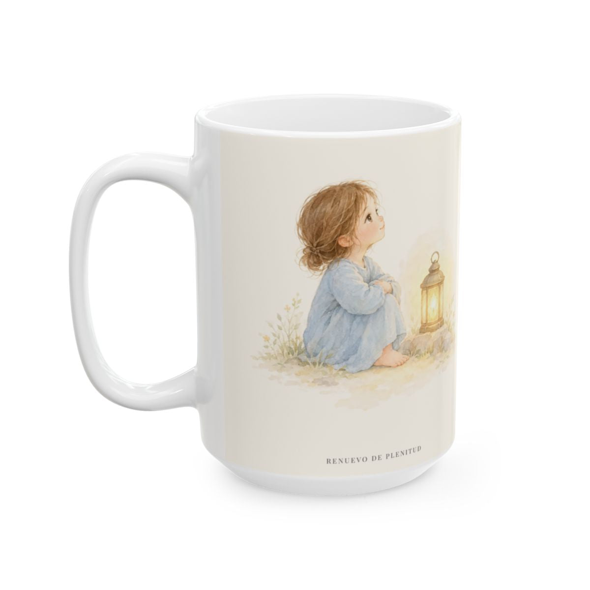 El Señor acalla tus temores con su amor | Taza devocional de fe | Sofonías 3:17 — 15 oz · Cara ilustrada
