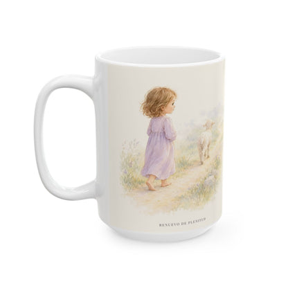 El buen Pastor va delante de mí | Taza de fe para cada mañana | Juan 10:27 — 15 oz · Cara ilustrada
