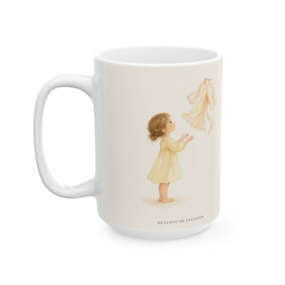 Dios me vestirá de alegría | Taza devocional ilustrada | Salmo 30:11 — 15 oz · Cara ilustrada