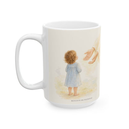 Dios me responde sin echármelo en cara | Taza devocional ilustrada | Santiago 1:5 — 15 oz · Cara ilustrada
