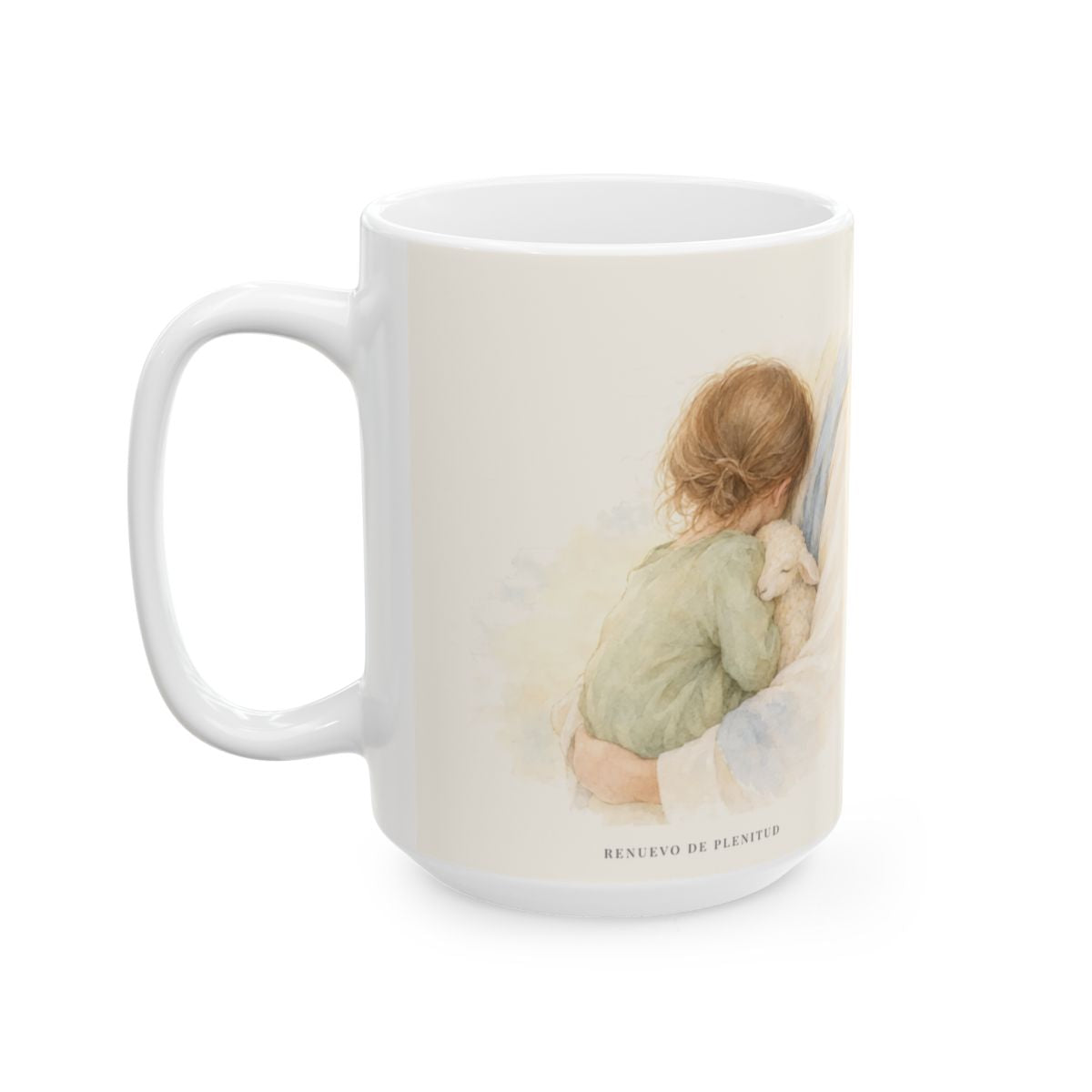 El buen Pastor me lleva junto a su corazón | Taza cristiana para regalar | Isaías 40:11 — 15 oz · Cara ilustrada