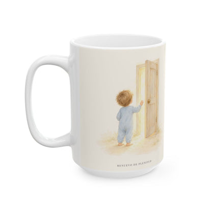 Dios escucha cada oración que le traigo | Taza cristiana en dos tamaños | Mateo 17:20 — 15 oz · Cara ilustrada