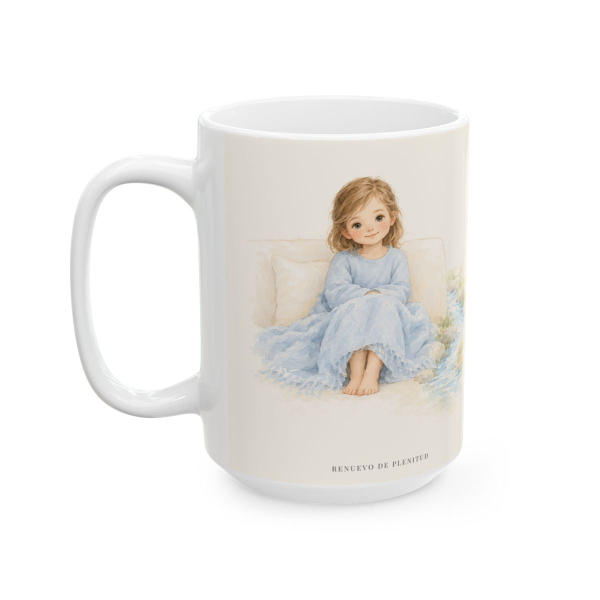 Junto a aguas de reposo me pastorea | Taza cristiana con frase devocional | Salmo 23:2 — 15 oz · Cara ilustrada