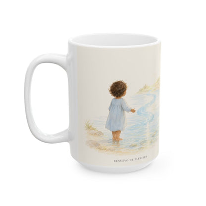 Con cuerdas de amor te atraje | Taza bíblica de cerámica | Jeremías 31:3 — 15 oz · Cara ilustrada