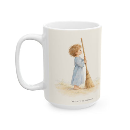 Dios escoge lo débil y le da su fuerza | Taza con arte cristiano | 1 Corintios 1:27 — 15 oz · Cara ilustrada