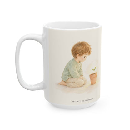 El Señor nunca llega tarde | Taza de inspiración bíblica | Salmo 27:14 — 15 oz · Cara ilustrada