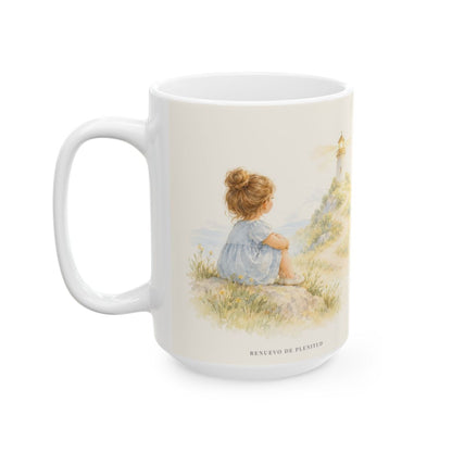 Bienaventurado el que confía en Él | Taza de fe para cada mañana | Salmo 34:8 — 15 oz · Cara ilustrada