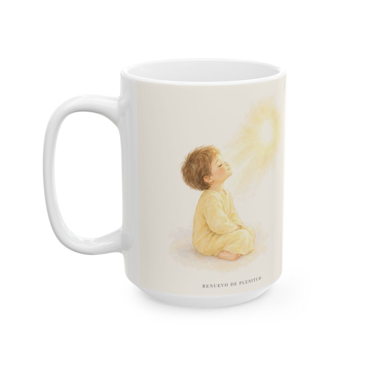 En Cristo está la vida que ilumina a todos | Taza bíblica de cerámica | Juan 1:4-5 — 15 oz · Cara ilustrada