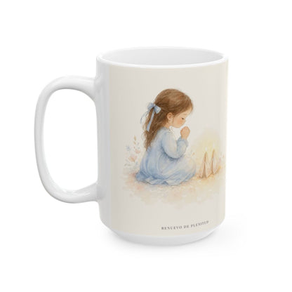 Donde dos se juntan, allí estoy yo | Taza devocional ilustrada | Mateo 18:20 — 15 oz · Cara ilustrada