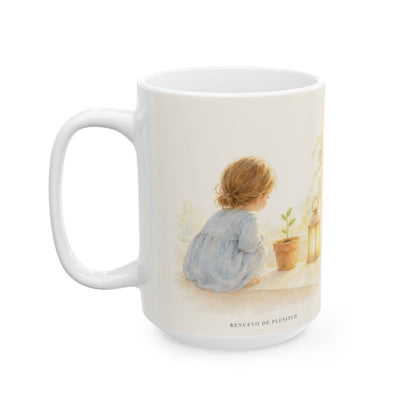 Cristo vive para siempre y nunca más muere | Taza de fe para cada mañana | Romanos 6:9 — 15 oz · Cara ilustrada