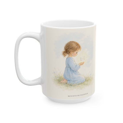 Dios siempre escucha a sus hijos | Taza cristiana en dos tamaños | Lucas 18:1 — 15 oz · Cara ilustrada