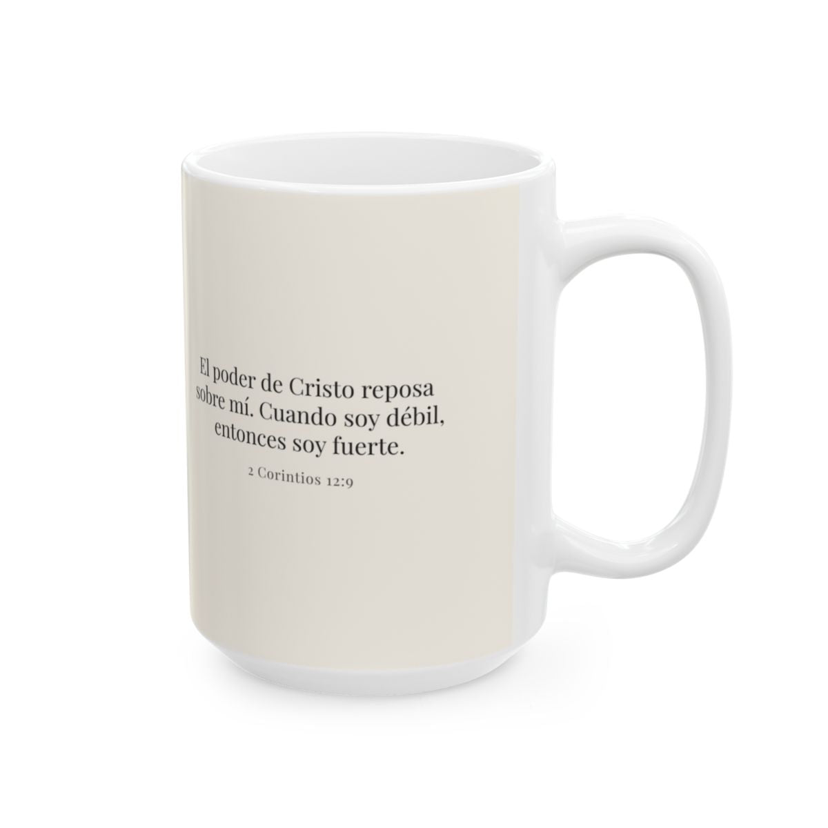El poder de Cristo reposa sobre mí | Taza devocional ilustrada | 2 Corintios 12:9 — 15 oz · Cara bíblica