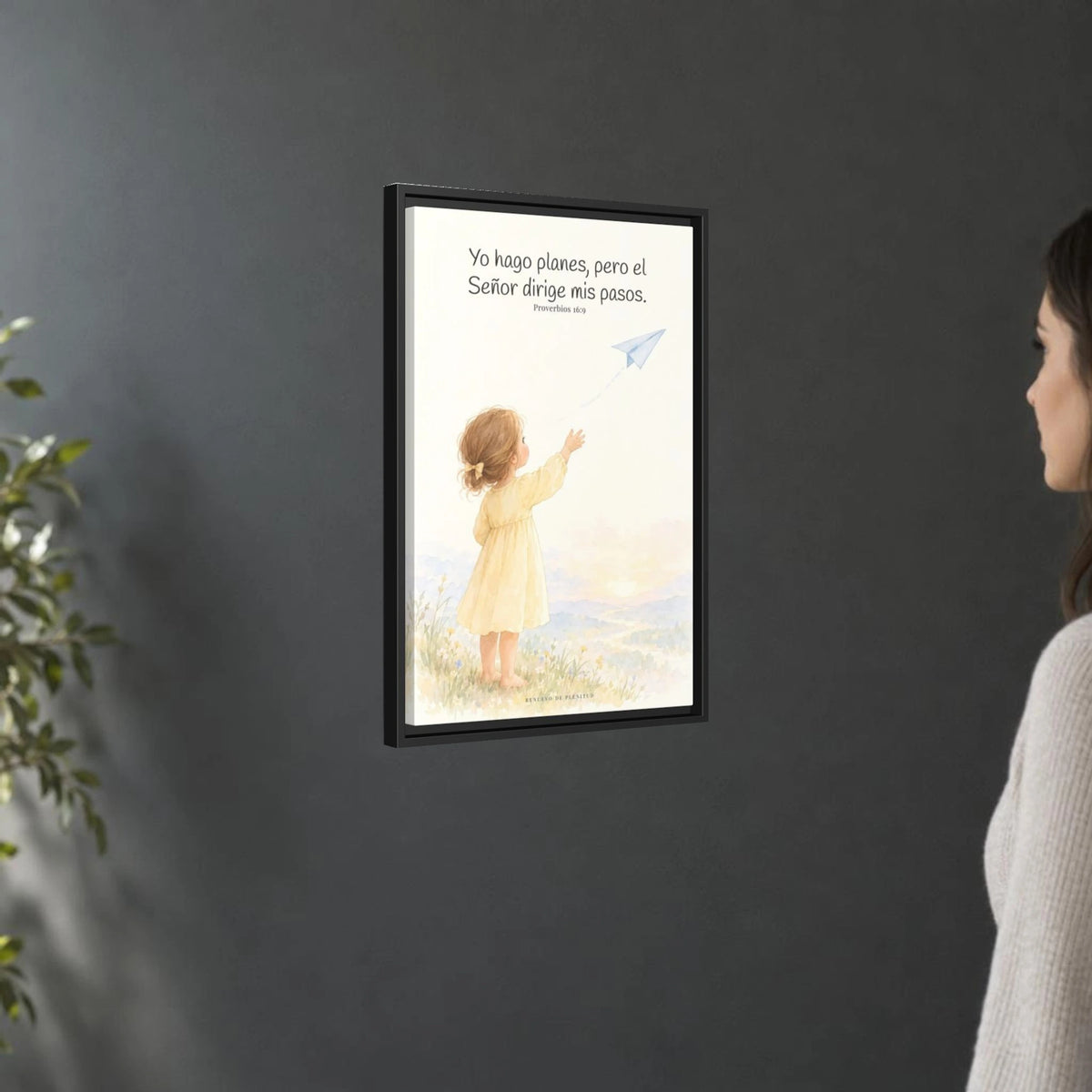 Jehová dirige mis pasos — Lienzo Cristiano Enmarcado | Proverbios 16:9 — 16×24 pulgadas, marco negro, vista angular ambiental del marco flotante, escala física calibrada