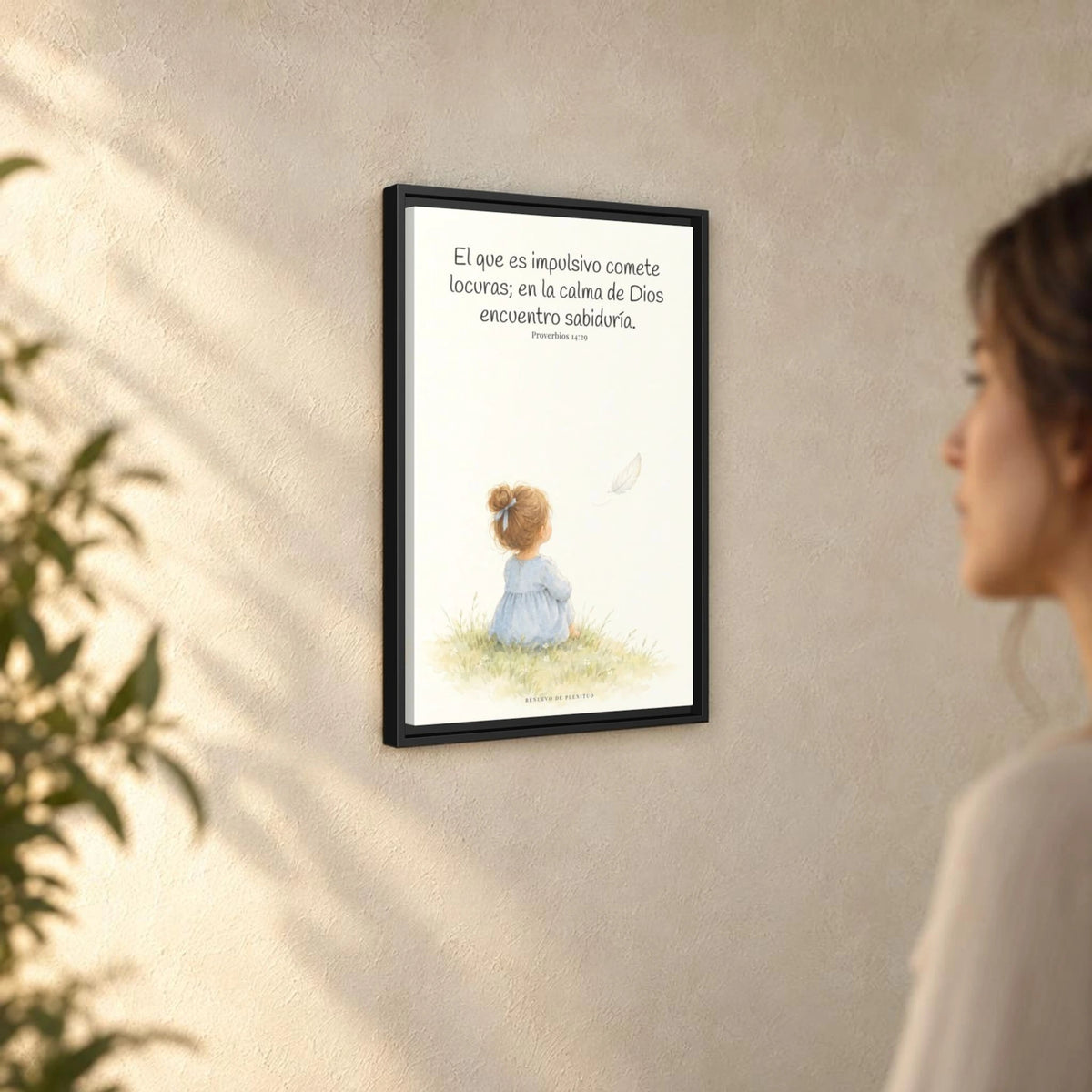 La prisa del corazón no agrada a Dios | Decoración cristiana enmarcada | Proverbios 14:29 — 16×24 pulgadas, marco negro, vista angular ambiental del marco flotante, escala física calibrada