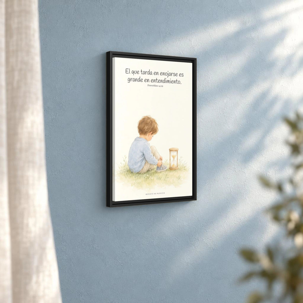 El que es lento para la ira es grande en entendimiento — Lienzo Cristiano Enmarcado | Proverbios 14:29 — 16×24 pulgadas, marco negro, vista angular ambiental del marco flotante, escala física calibrada