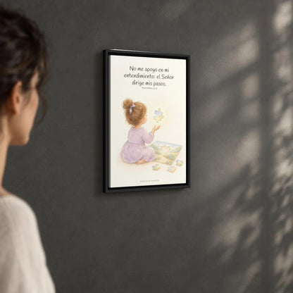 El Señor dirige mis pasos | Decoración cristiana enmarcada | Proverbios 3:5-6 — 16×24 pulgadas, marco negro, vista angular ambiental del marco flotante, escala física calibrada