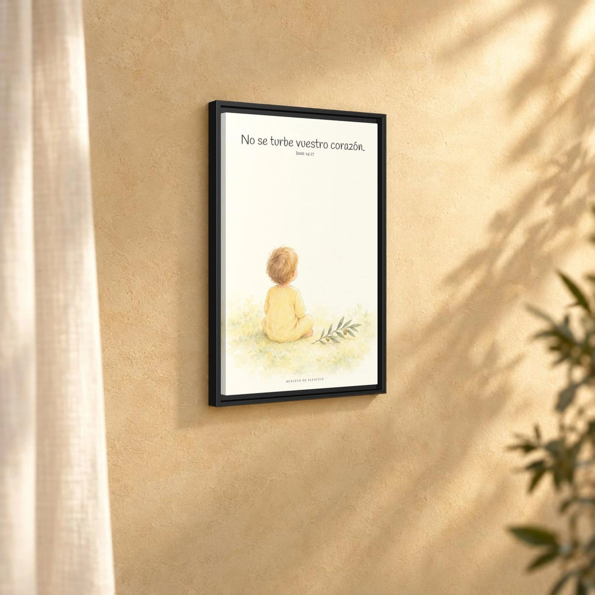 No se turbe vuestro corazón — Lienzo Cristiano Enmarcado | Juan 14:27 — 16×24 pulgadas, marco negro, vista angular ambiental del marco flotante, escala física calibrada