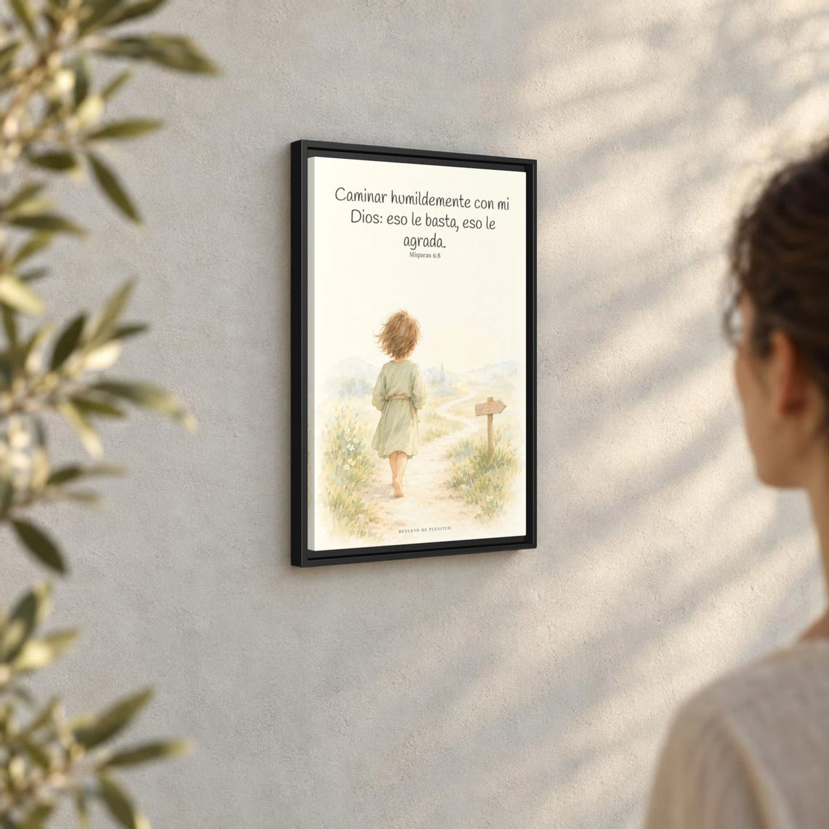 Caminar con Dios es suficiente — Lienzo Cristiano Enmarcado | Miqueas 6:8 — 16×24 pulgadas, marco negro, vista angular ambiental del marco flotante, escala física calibrada