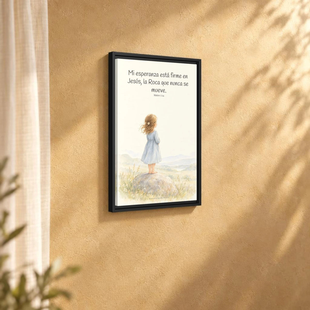 Mi esperanza está firme en Jesús — Lienzo Cristiano Enmarcado | Mateo 7:24 — 16×24 pulgadas, marco negro, vista angular ambiental del marco flotante, escala física calibrada
