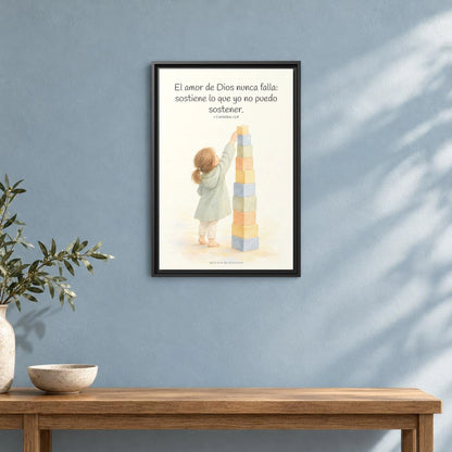 El amor de Dios nunca falla — Lienzo Cristiano Enmarcado | 1 Corintios 13:8 — 16×24 pulgadas, marco negro, vista frontal ambiental, escala física calibrada