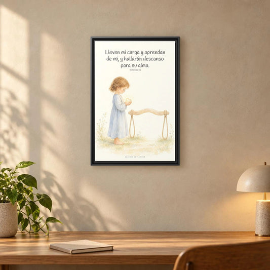 Yo te daré descanso para tu alma — Lienzo Cristiano Enmarcado | Mateo 11:29 — 16×24 pulgadas, marco negro, vista frontal ambiental, escala física calibrada