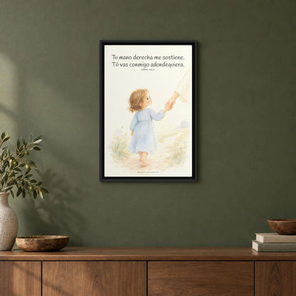 Tu mano me guía por el camino | Lienzo cristiano decorativo | Salmo 139:10 — 16×24 pulgadas, marco negro, vista frontal ambiental, escala física calibrada