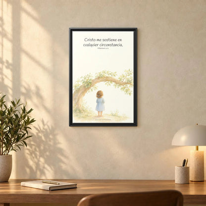 Cristo me sostiene en cualquier circunstancia — Lienzo Cristiano Enmarcado | Filipenses 4:13 — 16×24 pulgadas, marco negro, vista frontal ambiental, escala física calibrada