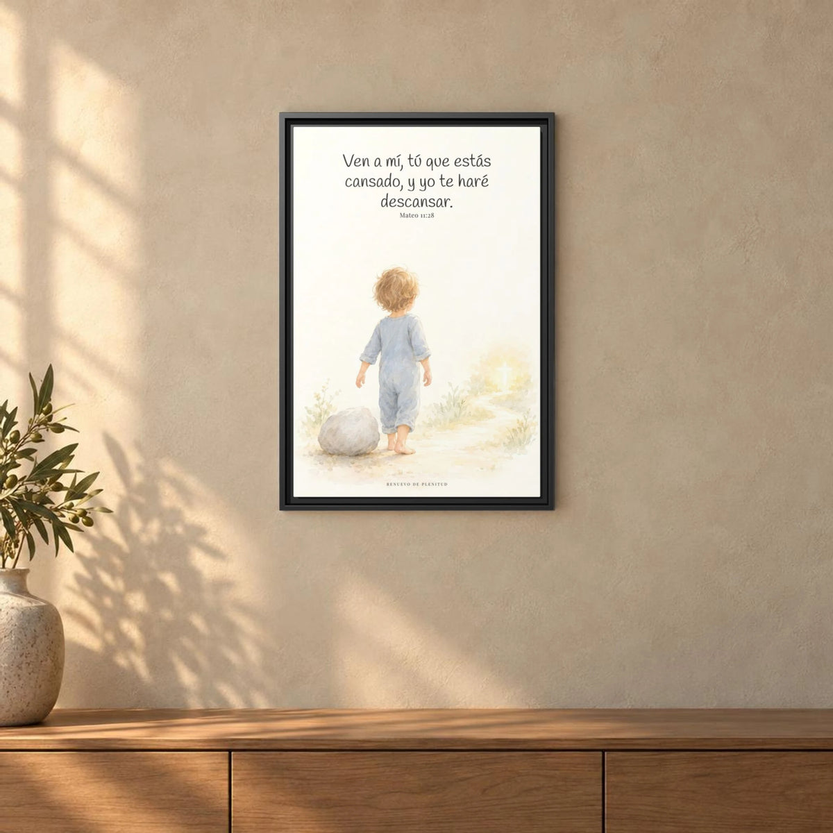 Ven a mí y yo te haré descansar — Lienzo Cristiano Enmarcado | Mateo 11:28 — 16×24 pulgadas, marco negro, vista frontal ambiental, escala física calibrada