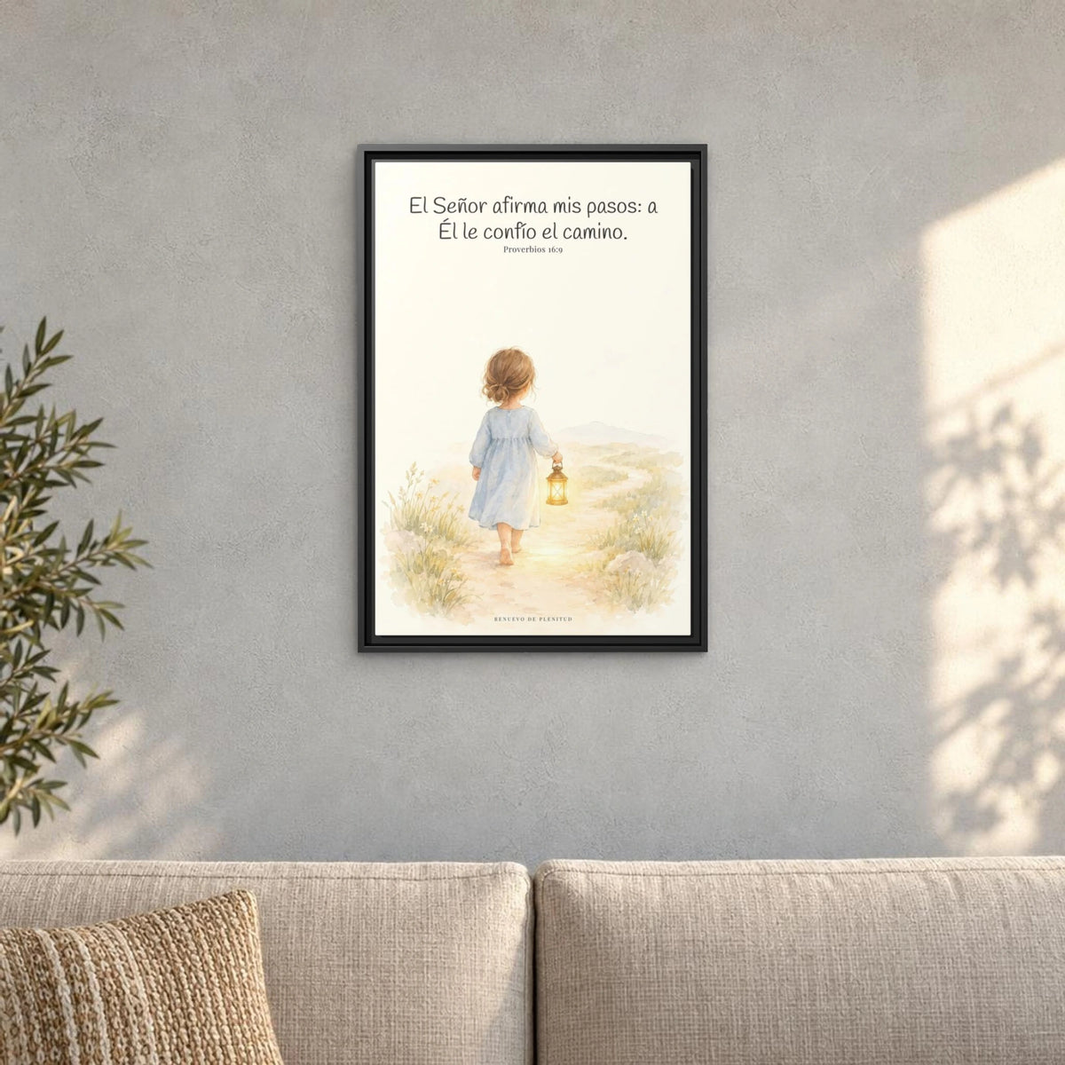 El Señor dirige mis pasos este año — Lienzo Cristiano Enmarcado | Proverbios 16:9 — 16×24 pulgadas, marco negro, vista frontal ambiental, escala física calibrada