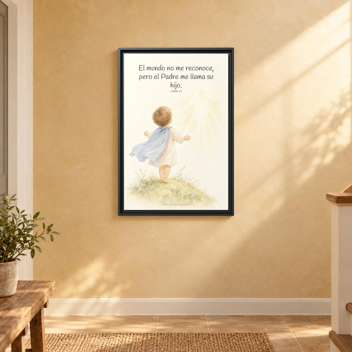 El Padre me conoce y aún así me llama suyo | Decoración de fe para pared | 1 Juan 3:1 — 16×24 pulgadas, marco negro, vista frontal ambiental, escala física calibrada