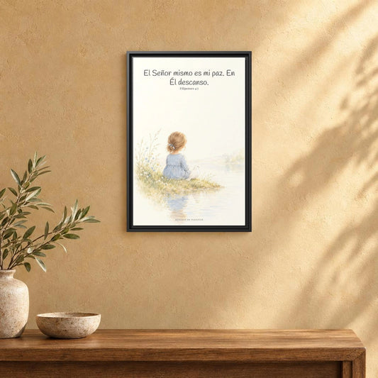 El Señor mismo es mi paz — Lienzo Cristiano Enmarcado | Filipenses 4:7 — 16×24 pulgadas, marco negro, vista frontal ambiental, escala física calibrada