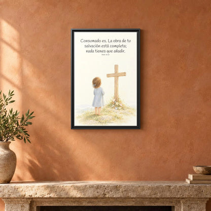 Consumado es: ya nada falta en la obra de Cristo — Lienzo Cristiano Enmarcado | Juan 19:30 — 16×24 pulgadas, marco negro, vista frontal ambiental, escala física calibrada