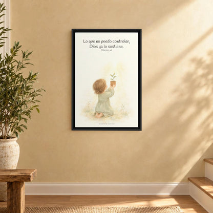 Dios cuida lo que yo no puedo controlar | Decoración de fe para pared | Filipenses 4:6 — 16×24 pulgadas, marco negro, vista frontal ambiental, escala física calibrada