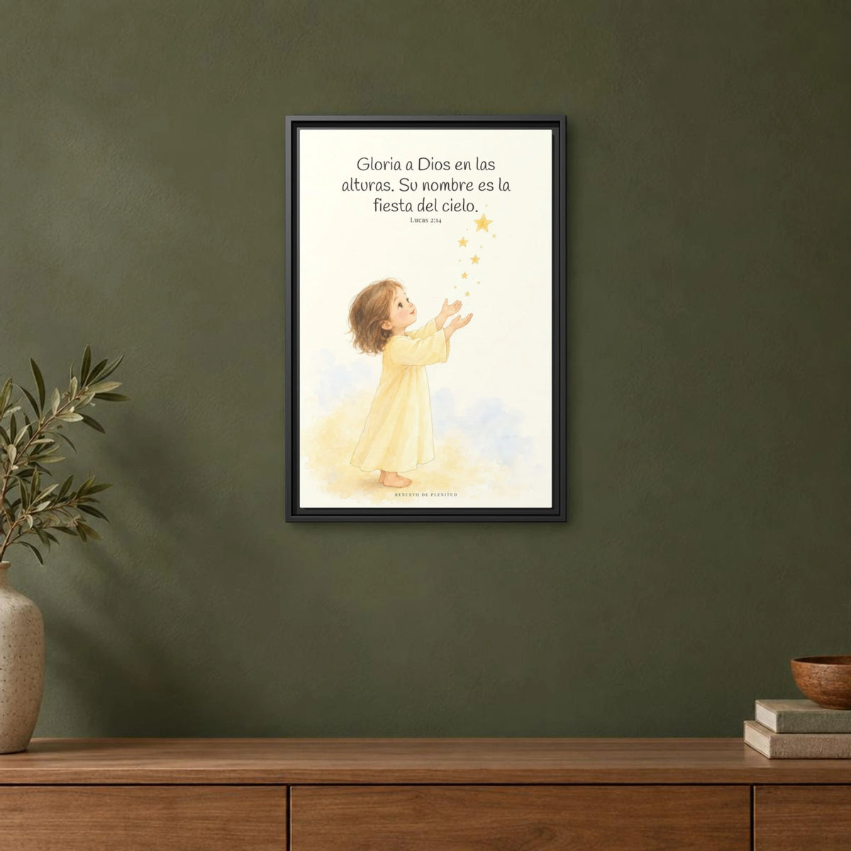 El cielo entero da gloria a Dios | Decoración de fe para pared | Lucas 2:14 — 16×24 pulgadas, marco negro, vista frontal ambiental, escala física calibrada