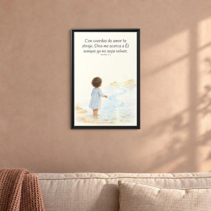 Con cuerdas de amor te atraje — Lienzo Cristiano Enmarcado | Jeremías 31:3 — 16×24 pulgadas, marco negro, vista frontal ambiental, escala física calibrada