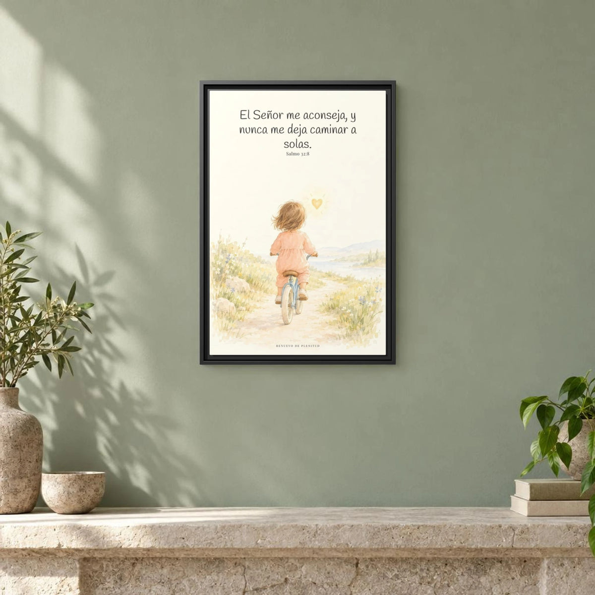 El Señor me aconseja con amor | Cuadro de fe enmarcado | Salmo 32:8 — 16×24 pulgadas, marco negro, vista frontal ambiental, escala física calibrada