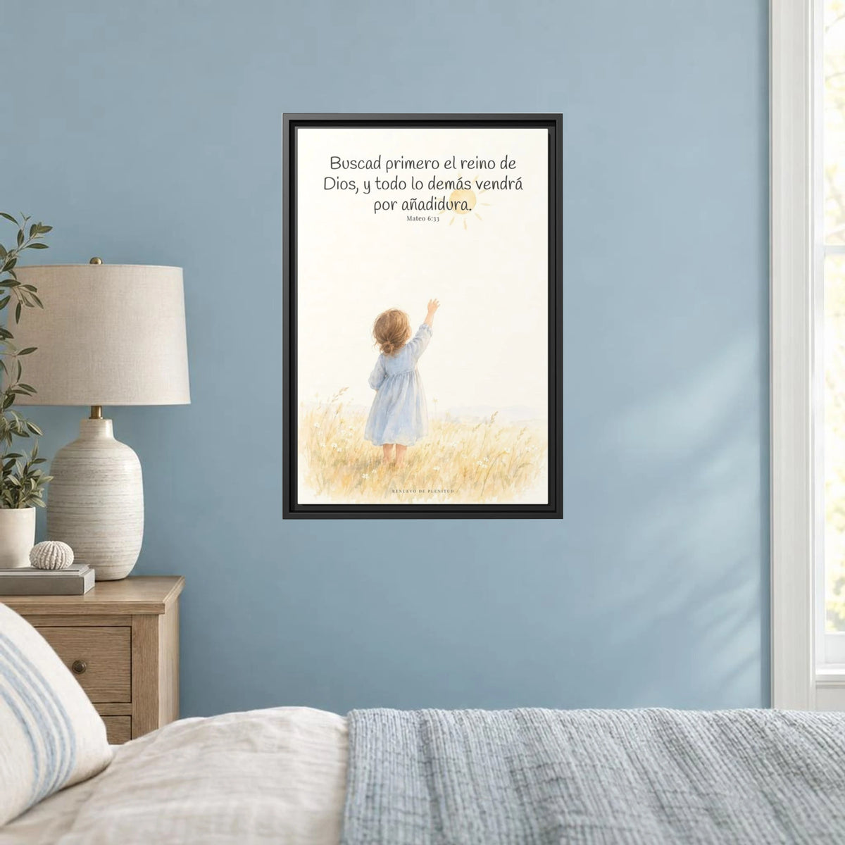 Buscad primero el reino de Dios — Lienzo Cristiano Enmarcado | Mateo 6:33 — 16×24 pulgadas, marco negro, vista frontal ambiental, escala física calibrada