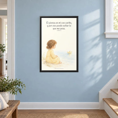Echa Toda Tu Ansiedad Sobre Dios — Lienzo Cristiano Enmarcado | 1 Pedro 5:7 — 16×24 pulgadas, marco negro, vista frontal ambiental, escala física calibrada