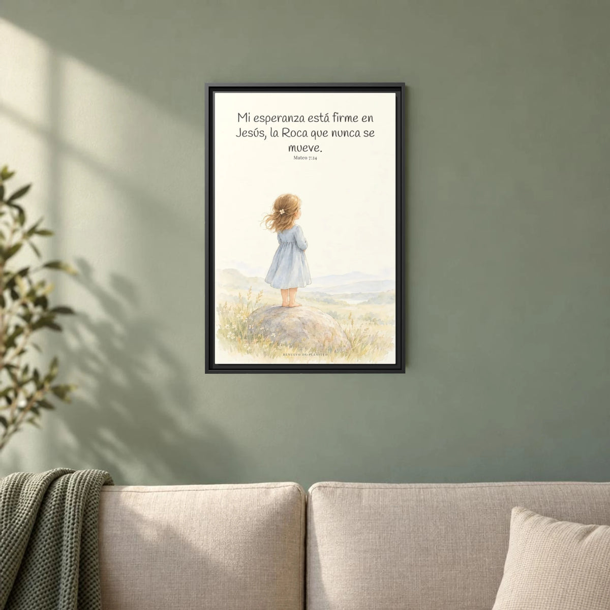 Mi esperanza está firme en Jesús — Lienzo Cristiano Enmarcado | Mateo 7:24 — 16×24 pulgadas, marco negro, vista frontal ambiental, escala física calibrada