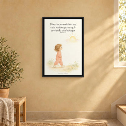 Dios me da nuevas fuerzas cada mañana | Decoración de fe para pared | Hebreos 12:1 — 16×24 pulgadas, marco negro, vista frontal ambiental, escala física calibrada