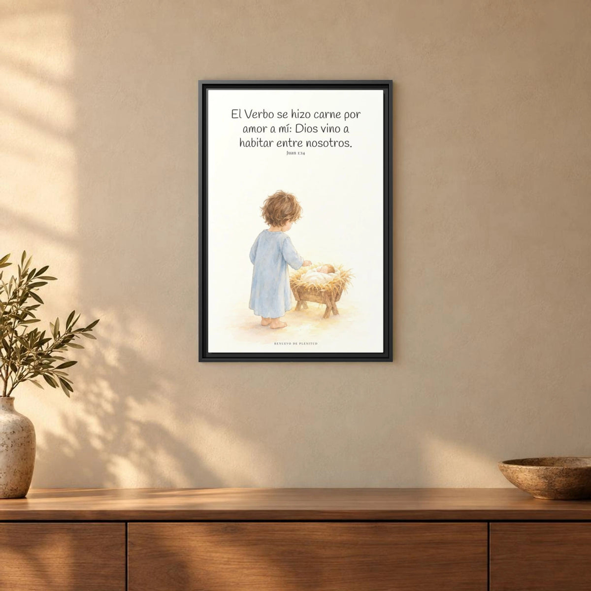 El Verbo se hizo carne por amor a mí — Lienzo Cristiano Enmarcado | Juan 1:14 — 16×24 pulgadas, marco negro, vista frontal ambiental, escala física calibrada