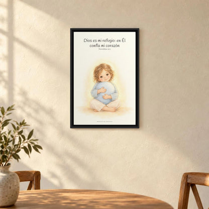 En Dios encuentro mi refugio | Cuadro bíblico para el hogar | Proverbios 30:5 — 16×24 pulgadas, marco negro, vista frontal ambiental, escala física calibrada