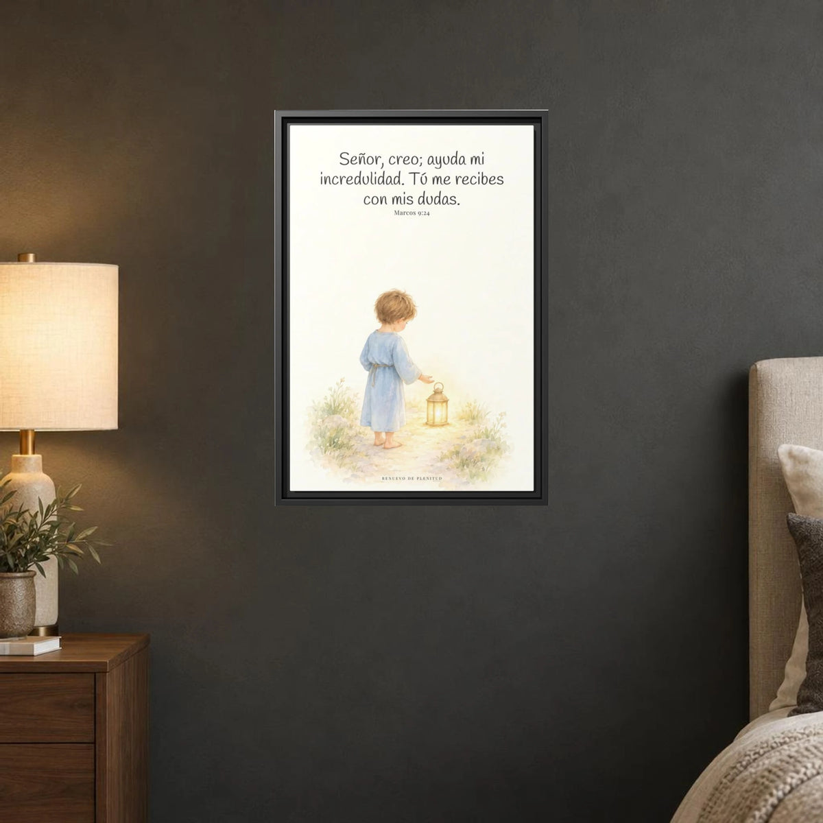 Señor, creo; ayuda mi incredulidad — Lienzo Cristiano Enmarcado | Marcos 9:24 — 16×24 pulgadas, marco negro, vista frontal ambiental, escala física calibrada