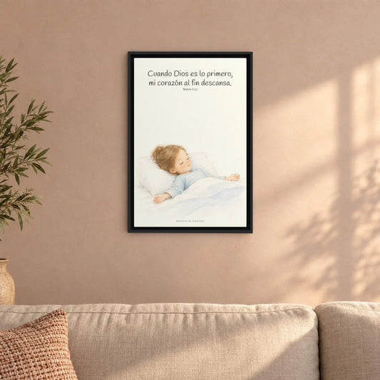 En Dios mi corazón descansa | Lienzo de fe para el hogar | Mateo 6:33 — 16×24 pulgadas, marco negro, vista frontal ambiental, escala física calibrada