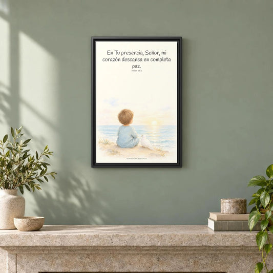 Tú guardarás en completa paz a quien confía en ti — Lienzo Cristiano Enmarcado | Isaías 26:3 — 16×24 pulgadas, marco negro, vista frontal ambiental, escala física calibrada